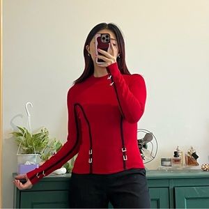 Vintage Red Black Detailing Turtleneck Sweater
